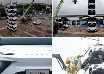 Nếu thử nghiệm va chạm vẫn chưa đủ ấn tượng thì hãng ô tô Trung Quốc này còn ‘chơi lớn’ bằng cách xếp chồng ô tô thành tháp để chứng minh độ bền của thân xe!